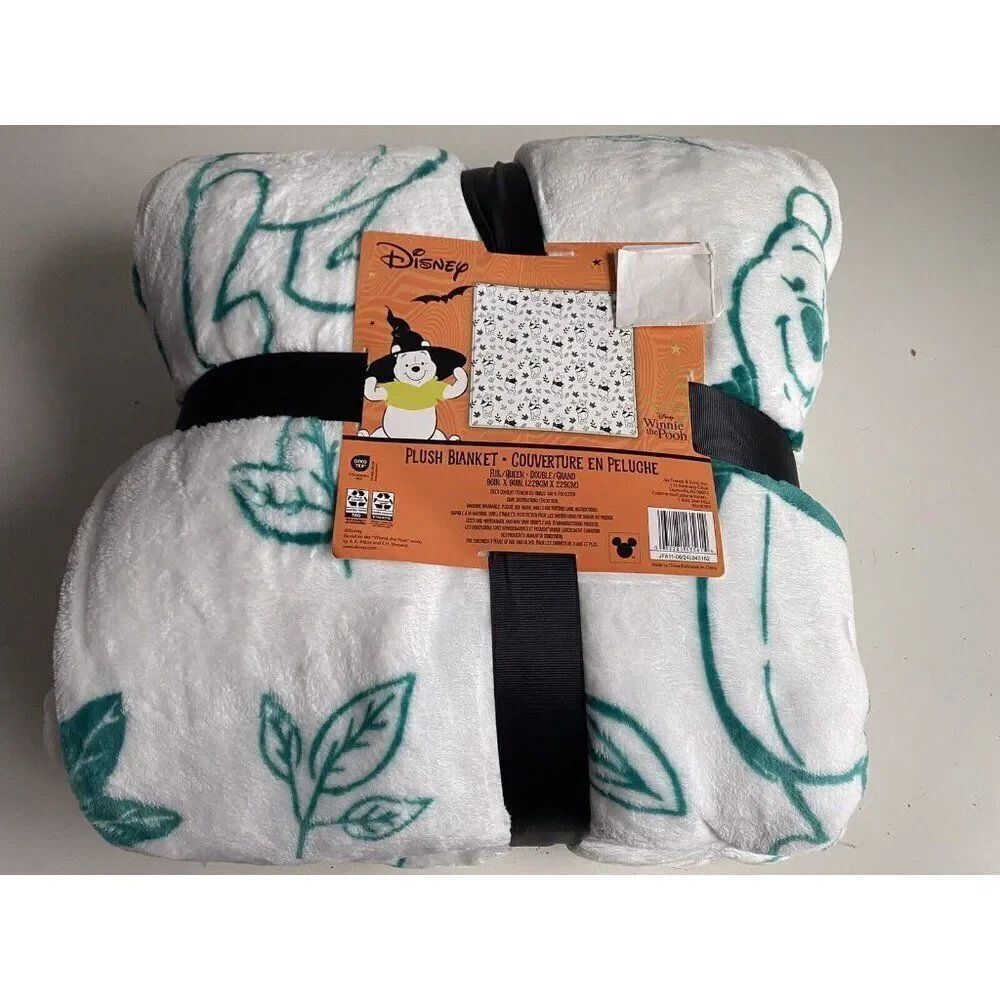 Disney Winnie The Pooh Halloween Fall White & Teal Leaves FULL QUEEN Blanket NEW